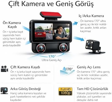 Alternative view of WiFi Destekli 3 Kameralı Araç İçi Kamera – 1080P Full HD, 4.0'' Ekran, Gece Görüş, G-Sensör Acil Kayıt, Arka Görüş Kamerası, Döngüsel Kayıt ve Koruma Özellikli
