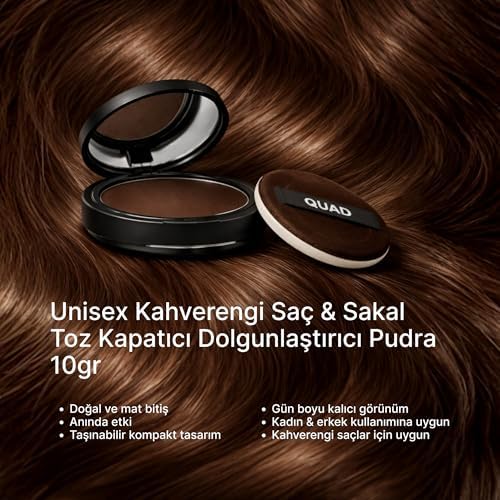 QUAD Saç Kapatıcı Pudra, Kahverengi, Saç ve Sakal Dolgunlaştırıcı, Doğal Görünüm, 10gr