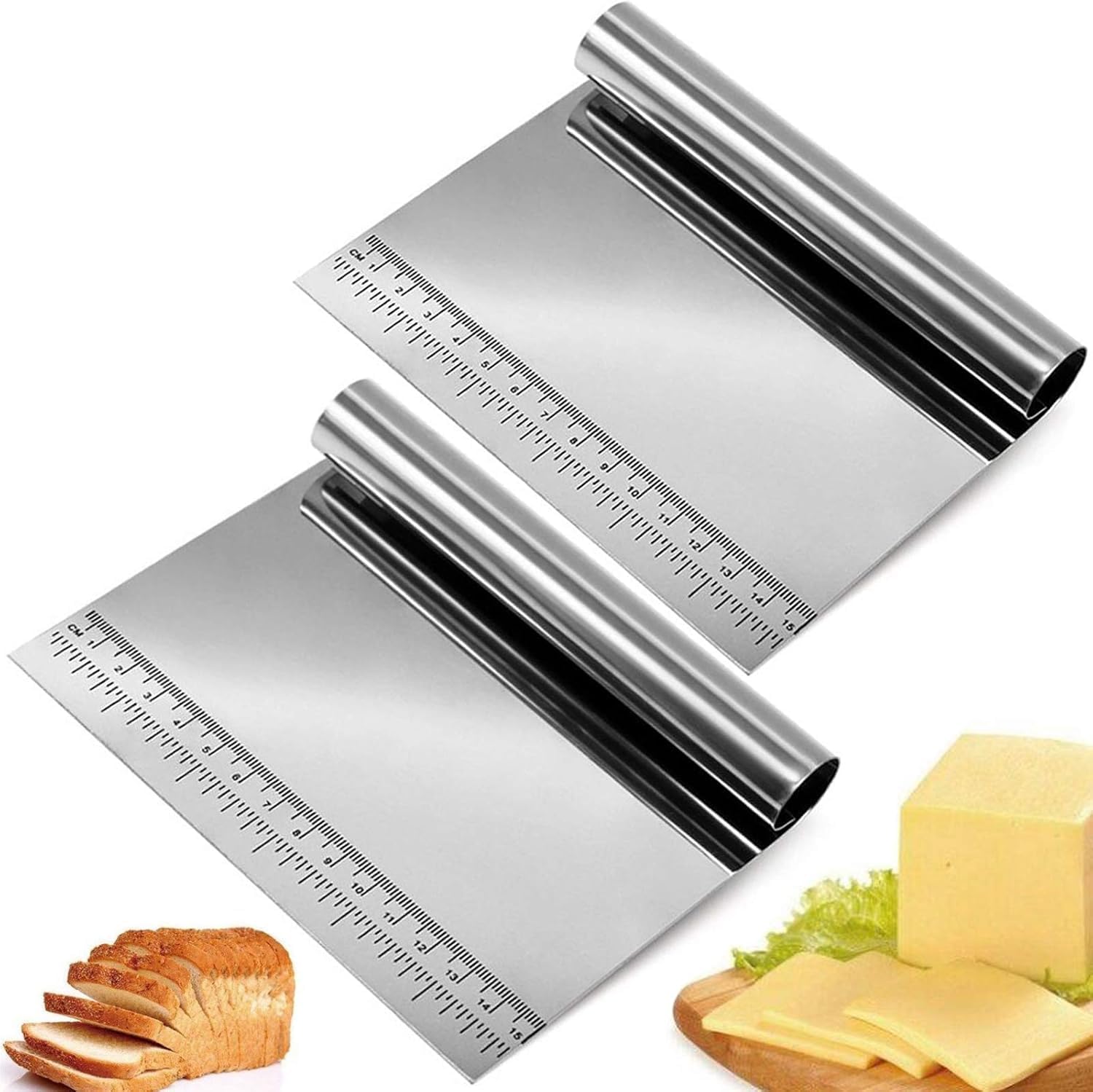 Paslanmaz Çelik Hamur Kesici ve Kazıyıcı, Ölçü Cetvelli, Ergonomik Silindir Saplı, Çok Amaçlı Mutfak Aleti