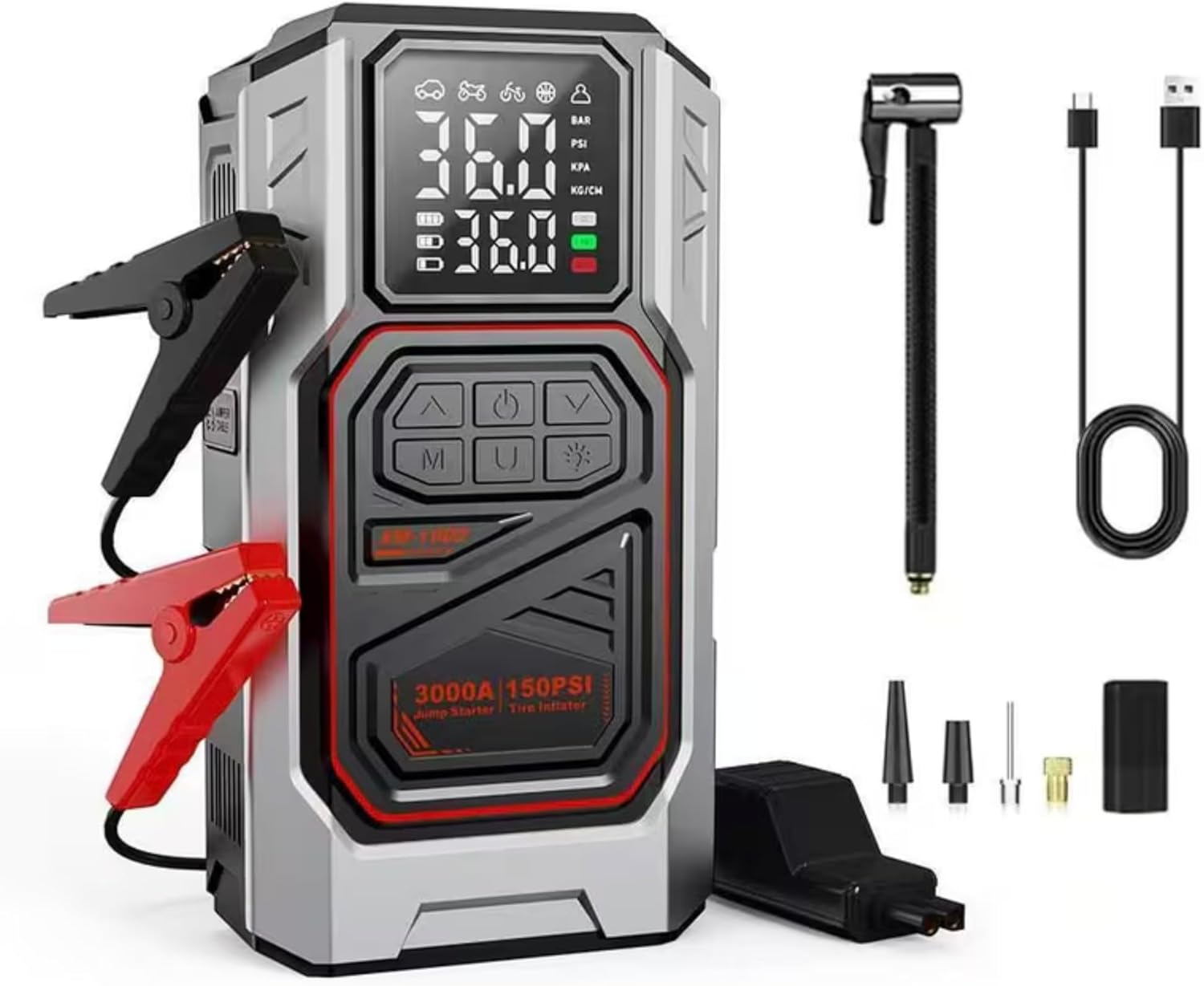 Harvox Çok Fonksiyonlu Taşınabilir Araç Güç Destek Cihazı – Akü Takviye & Power Destek Ünitesi Jump Starter – 12 V Çok Amaçlı Güç Kaynağı – Hava Basınç Pompası ve Acil Işık Fonksiyonlu