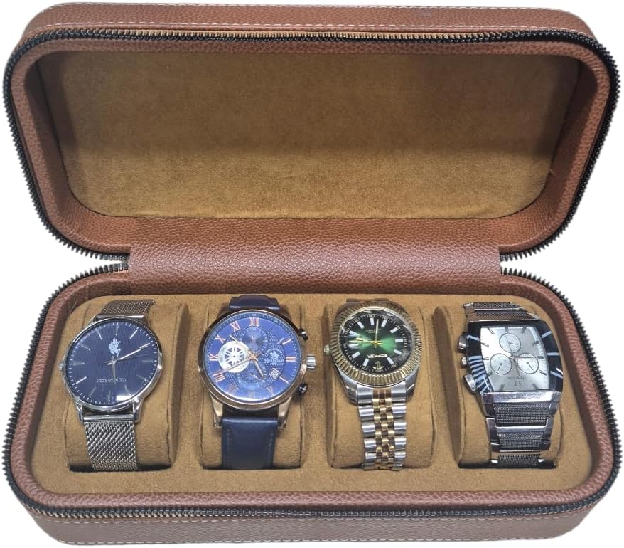 4’lü Saat Kutusu Fermuarlı – Deri Lüks Saat Saklama ve Taşıma Çantası (Taba)