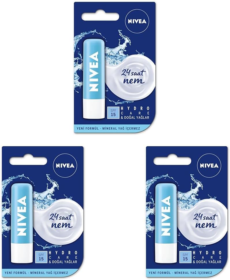 Hydro Care Dudak Bakım Kremi, 24 Saat Nem, Aloe, Saf Su ve Doğal Yağlar, SPF 15, Gün Boyu Dudak Bakımı (4,8g) (3 paketi)