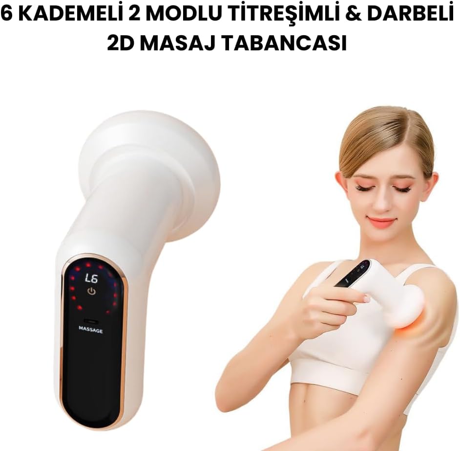 Titreşimli & Darbeli 6 Kademeli 2 Modlu 2D Masaj Aleti, 5 Değiştirilebilir Başlık, Şarjlı ve Kablosuz, Tüm Vücut