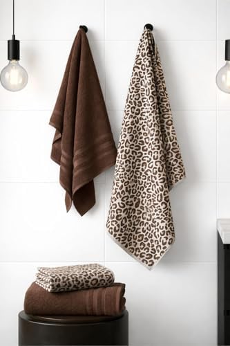 4 Parça Lüks Banyo Havlu Seti Leopar Desenli 2 Adet 70x140cm 2 Adet 50x90cm Kahve Kombin, 4LU-LEOPAR-KAHVEKOMBIN