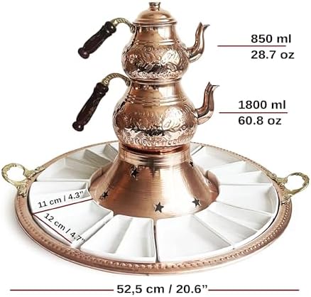 Alternative view of Tepsili Kahvaltı Çay Sunum Seti, El İşleme Klasik Bakır Çaydanlık, 12 Parça Porselen Tabak