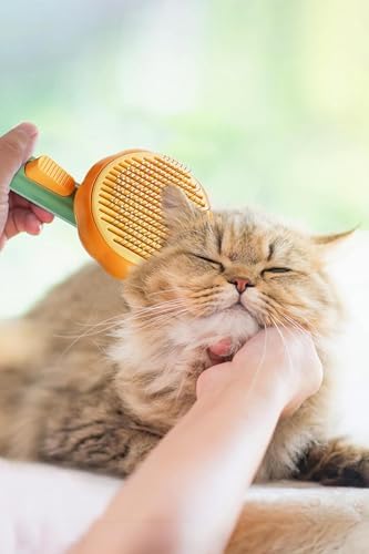 GoByPet Otomatik Temizlenen Pet Tarağı, Basmalı Sistem, Çelik İğneli, Ergonomik Sap (Turuncu)