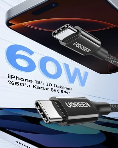 USB-C 60W 3A QC PD Örgülü Hızlı Şarj Kablosu, 2 Metre, Beyaz, 35254