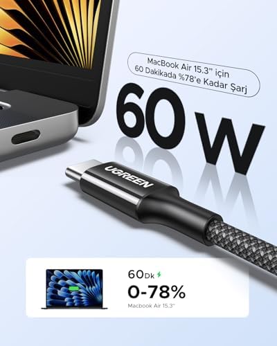 Alternative view of USB-C 60W 3A QC PD Örgülü Hızlı Şarj Kablosu, 2 Metre, Beyaz, 35254