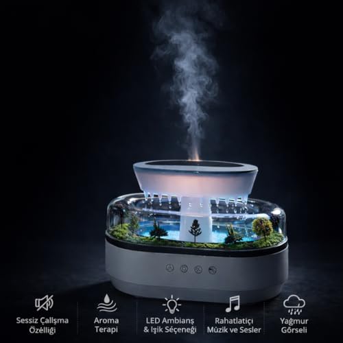 Yağmur Damlası Efektli Hava Nemlendirici ve Aroma Difüzör, Doğa Ses Modları, LED Ambiyans Işıklı, Sessiz Çalışma, Dekoratif Tasarım