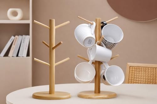 Bambu Kupa Askılığı Standı ile 6’lı Seramik Kupa Seti, Masaüstü Kupa Ağacı Organizer, Kahve Kupası ve Çay Fincanı Tutucu, Mutfak Tezgahı ve Ofis için Dekoratif Ahşap Kupa Rafı