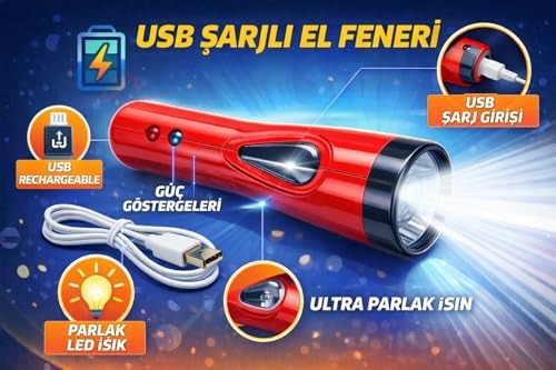 Alternative view of Profesyonel USB Şarjlı LED El Feneri, Güçlü ve Net Işık Performansı, Uzun Süreli Kullanım, Ergonomik Tutma Sapı, Kompakt Tasarım, Kamp,, Araba, Ev ve Acil Durum