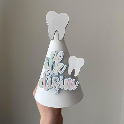 wenucapartyshop İlk Diş Bebek Parti Şapkası, El Yapımı Kağıt İlk Dişim Kutlama Şapkası