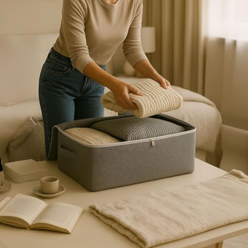 Büyük Boy Bazaaltı Kalın Kumaş Hurç | Kazak Yastık Çok Amaçlı Yatakaltı Düzenleme Hurcu Gri (64cmx45cmx20cm) 4 lü 6 lı ve Şeffaf Pencereli Seçenekli (6 LI PAKET)