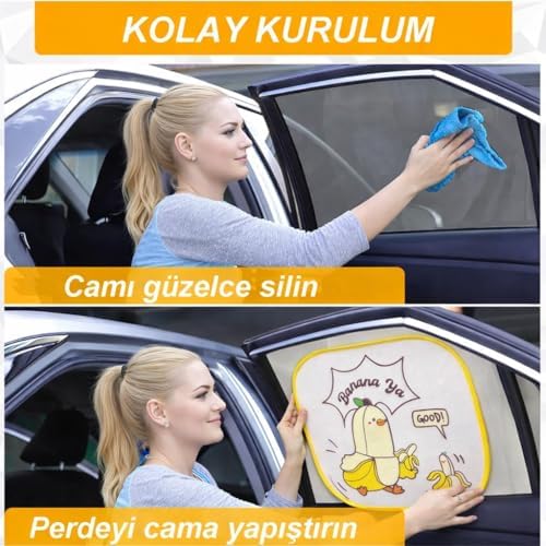 Sarı Bananalı Oto Yan Cam Perdesi, Araba Ön Cam Perdesi, Otomobil Yan Cam Güneşliği,Oto Güneşlik Perde 2 Adet