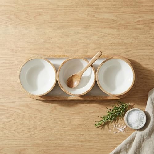 Mango Ağacı Standlı 3'lü Kase Seti - İçi Kaplama Doğal Ahşap Çerezlik ve Sosluk - 30 cm Sunum Tepsili Dekoratif Set (DÜZ DESEN)