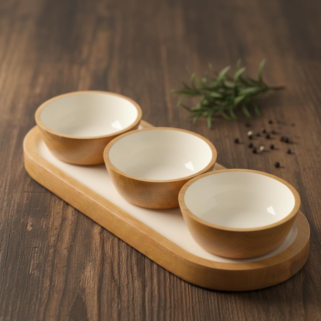 Alternative view of Mango Ağacı Standlı 3'lü Kase Seti - İçi Kaplama Doğal Ahşap Çerezlik ve Sosluk - 30 cm Sunum Tepsili Dekoratif Set (DÜZ DESEN)