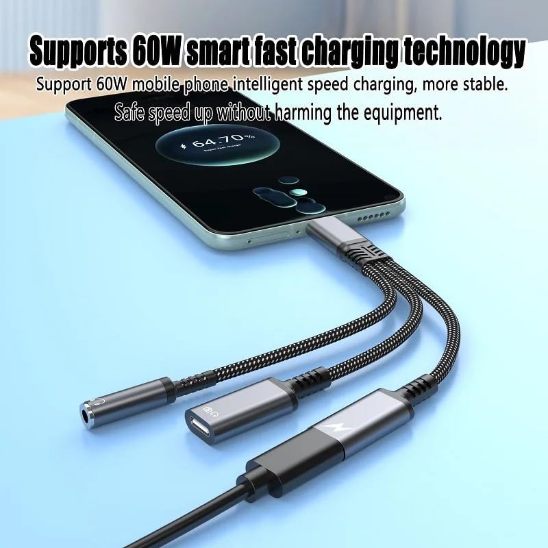 Alternative view of Type-C 3 in 1 ses adaptör kablosu 60W hızlı şarj tipi C erkek çift tip C 3.5MM kadın dönüştürücü kablosu kulaklık jakı Dongle kablosu (Type-C 3 in 1)
