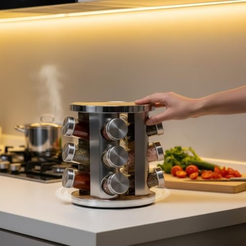 Alternative view of 12’li Döner Standlı Ahşap Yuvarlak Baharatlık – Paslanmaz Çelik Gövdeli, Cam Kavanozlu, 360° Dönebilen Mutfak Baharat Düzenleyici