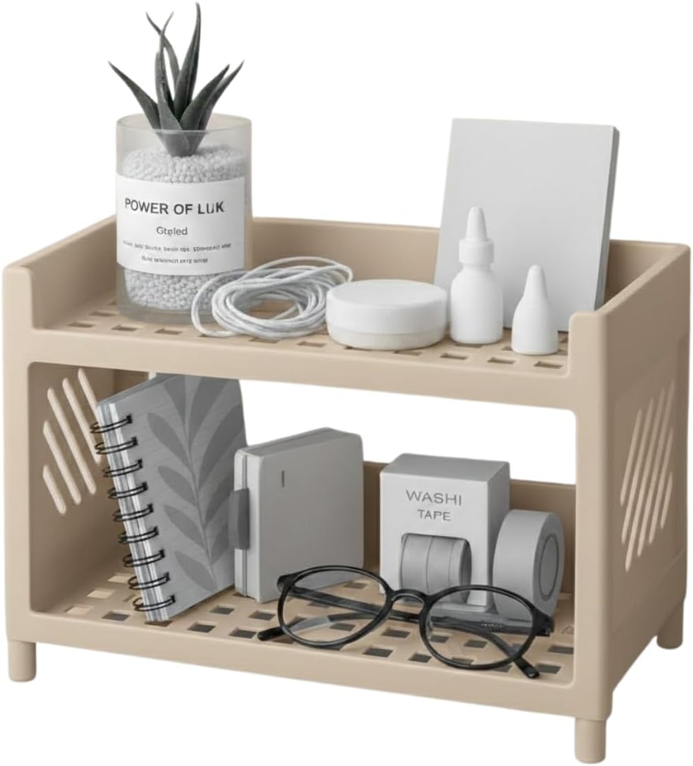 Çok Amaçlı 2 Katlı Organizer Raf – Bej Plastik Düzenleyici Stand – Banyo, Mutfak, Masaüstü ve Ofis İçin – 25 x 18 cm