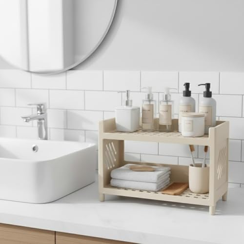 Alternative view of Çok Amaçlı 2 Katlı Organizer Raf – Bej Plastik Düzenleyici Stand – Banyo, Mutfak, Masaüstü ve Ofis İçin – 25 x 18 cm