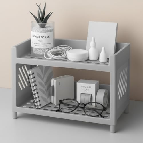 Çok Amaçlı 2 Katlı Organizer Raf – Gri Plastik Düzenleyici Stand – Banyo, Mutfak, Masaüstü ve Ofis İçin – 25 x 18 cm