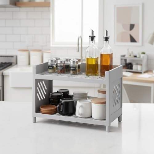 Alternative view of Çok Amaçlı 2 Katlı Organizer Raf – Gri Plastik Düzenleyici Stand – Banyo, Mutfak, Masaüstü ve Ofis İçin – 25 x 18 cm