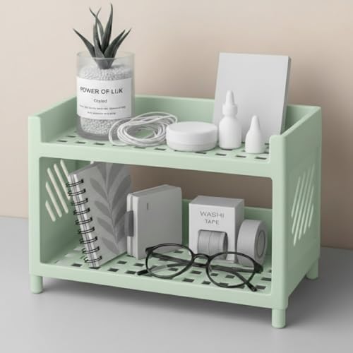 Çok Amaçlı 2 Katlı Organizer Raf – Açık Yeşil Plastik Düzenleyici Stand – Banyo, Mutfak, Masaüstü ve Ofis İçin – 25 x 18 cm