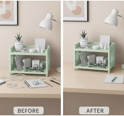 Alternative view of Çok Amaçlı 2 Katlı Organizer Raf – Açık Yeşil Plastik Düzenleyici Stand – Banyo, Mutfak, Masaüstü ve Ofis İçin – 25 x 18 cm