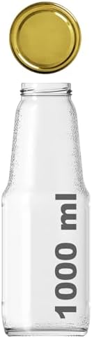 1000 ml Şeffaf Meyve Suyu Şişesi, Meşrubat, Limonata Şişesi Metal Kapaklı 1000 Cc Boş Cam Şişe (2, Altın Kapak, 1000, Mililitre)