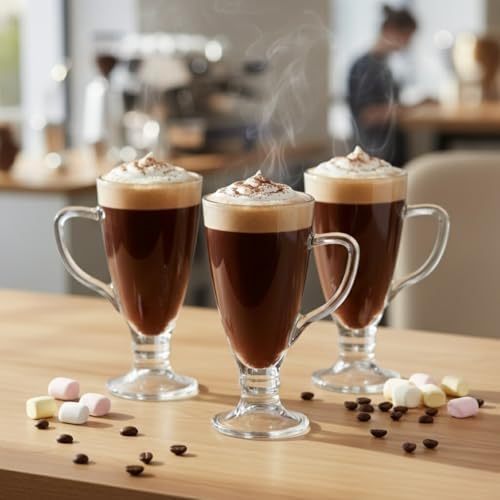 3’lü Cam Kupa Seti 250 ml – Ayaklı Şeffaf Kahve ve Tatlı Bardağı –, Cappuccino, Çikolata için