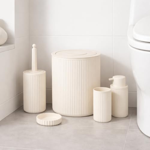 5’li Limon Rengi Banyo Seti – Çöp Kovası, Sıvı Sabunluk, Diş Fırçalık, Sabunluk ve WC Fırçası – Modern Çizgili Şık Tasarım