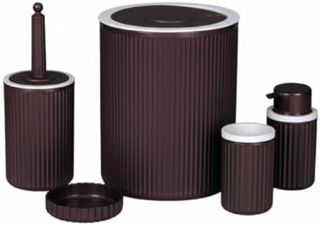 5’li Mürdüm Rengi Banyo Seti – Çöp Kovası, Sıvı Sabunluk, Diş Fırçalık, Sabunluk ve WC Fırçası – Modern Çizgili Şık Tasarım