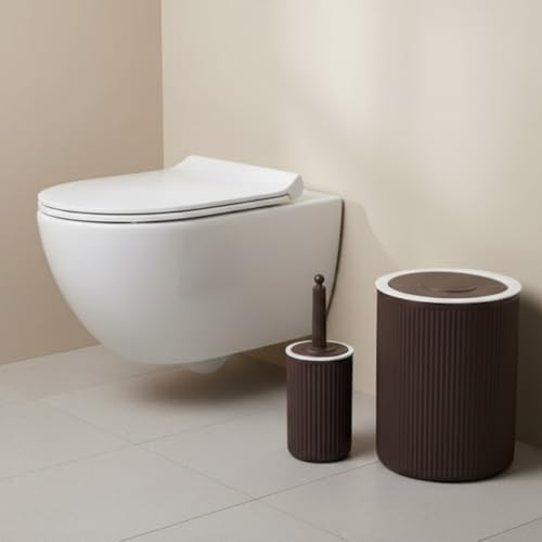 Alternative view of 5’li Mürdüm Rengi Banyo Seti – Çöp Kovası, Sıvı Sabunluk, Diş Fırçalık, Sabunluk ve WC Fırçası – Modern Çizgili Şık Tasarım