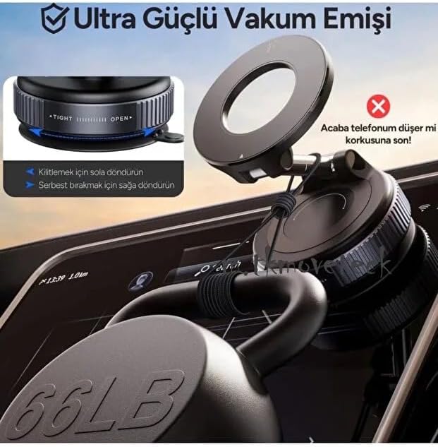 360 Dönebilen Telefon Tutucu - Ayarlanabilir Mıknatıslı Vakumlu Araç İçi Telefon Tutucu