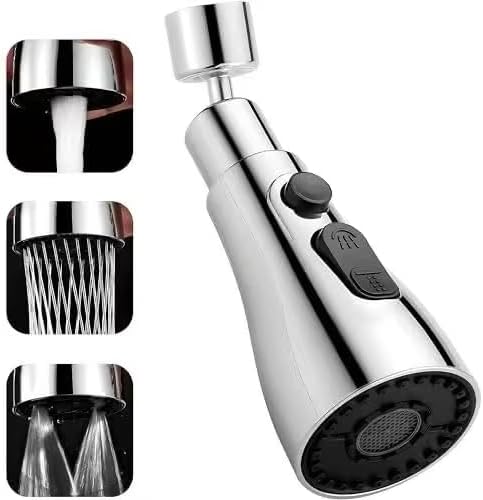 Alternative view of 3 Fonksiyonlu Mutfak Musluk Başlığı, 360 Derece Döner, Su Tasarruflu, Gümüş, Paslanmaz Çelik, 22mm Dişli Borulara Uyumlu (Krom)