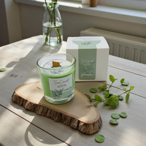 Yeşilçay Kokulu Ahşap Fitilli%100 Soya Mum - Şeffaf Bardak Yeşil Renkli Aromaterapi 150cc