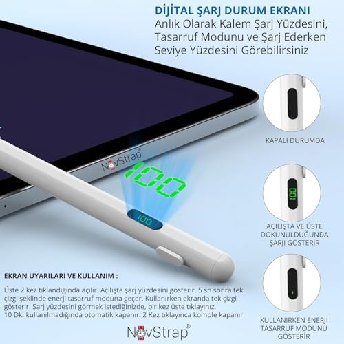 iPad Kalem – Pencil Alternatifi iPad Pencil | USB-C Şarj, Rejection, 8 Saat Pil | iPad 6-10, Air, Pro, Mini Uyumlu,Dijital Göstergeli