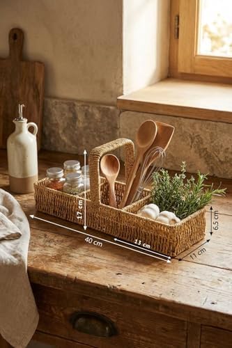 BUFFER 3 Bölmeli Hasır Sepet Organizer Saplı, Mutfak Banyo Ofis Çok Amaçlı Düzenleyici, Plastik Kaşıklık Sepeti, 40x13x17 cm
