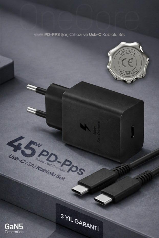45W USB-C PD-Pps Super Hız Şarj Adaptörü ve 1m 5A Type-C to Type-C Kablo Siyah (3 Yıl Garantili)