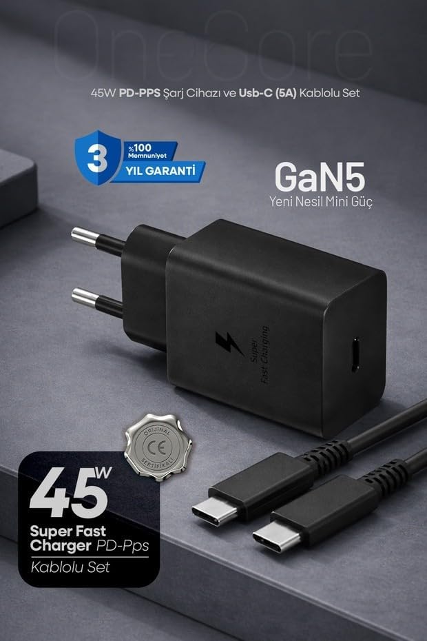 Alternative view of 45W USB-C PD-Pps Super Hız Şarj Adaptörü ve 1m 5A Type-C to Type-C Kablo Siyah (3 Yıl Garantili)