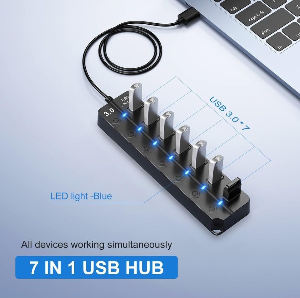 7 Portlu USB 3.0 Hub Adaptörü, Anahtarlı ve Işıklı Çoklu Bağlantı Noktası Bölücü, USB Güç Adaptörü | ZR790
