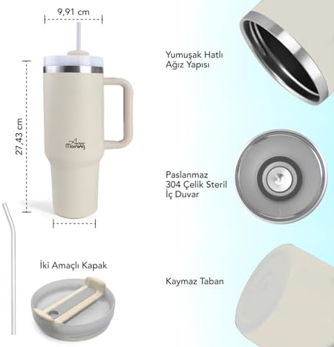Any Morning Vaha 1200 ml Üç Kademe Çevirmeli Kapaklı Çift Katman Çelik Termos Mug Krem SI2440217