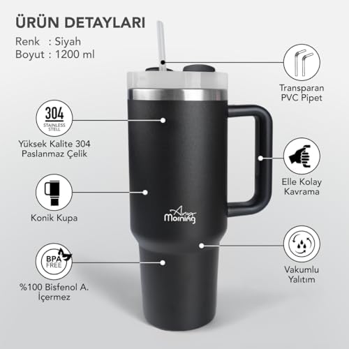 Any Morning Vaha 1200 ml Üç Kademe Çevirmeli Kapaklı Çift Katman Çelik Termos Mug Siyah SI2440217