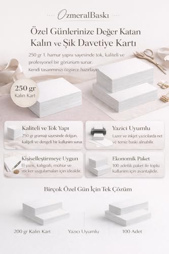250 gr 1. Hamur Boş Davetiye Kartı 10x15 cm – Yazıcı Uyumlu Beyaz Kart – 100 Adet