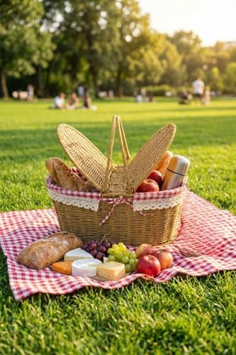 Oval Plastik Piknik Sepeti, Doğal Hasır Görünümlü, Kapaklı, Çok Amaçlı, 40x18x27 cm, Piknik Plaj Bahçe için