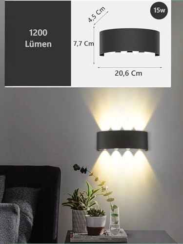15W Dekoratif Çift Yönlü LED Duvar Apliği - 8 LED’li Modern Tasarım, Kapri Dış ve İç Mekan Aydınlatma Lambası, (Siyah Kasa) (Gün Işığı)