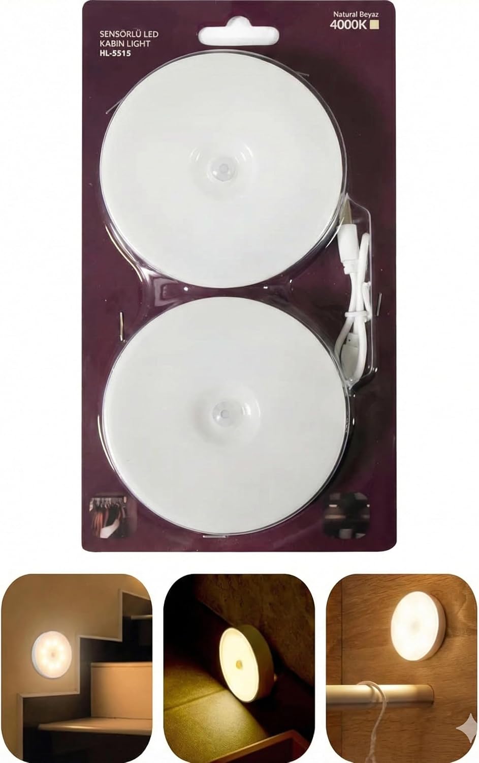 Alternative view of 2'li Set Kabin Led Hareket Sensörlü Hero LED Kabin Işığı - 4000K Doğal Beyaz, USB Şarjlı, Mıknatıslı Yapışkanlı Montaj – Dolap İçi, Mutfak, Merdiven ve İçin Kablosuz Gece Lambası