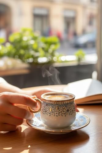 6 Kişilik Esintisi Mavi Puantiyeli Yaldızlı Kahve Fincan Seti - 90 ml
