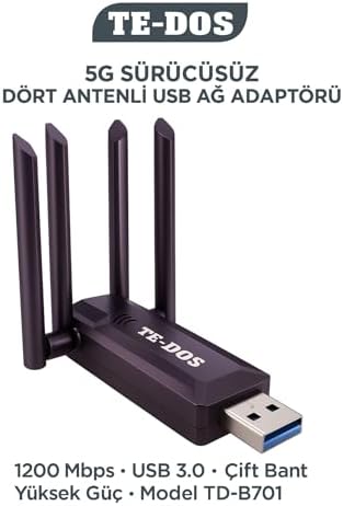 USB 3.0 Çift Bant WiFi Adaptörü 1200 Mbps 4 Antenli Yüksek Çekim Gücü 2.4GHz 5GHz Driver Gerektirmez Masaüstü ve Dizüstü Bilgisayar İçin Kablosuz Ağ Kartı | TE-DOS TD-B701