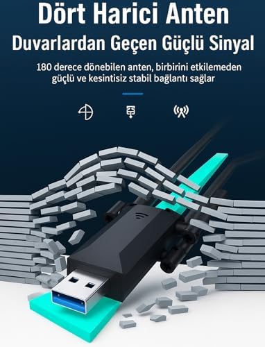 Alternative view of USB 3.0 Çift Bant WiFi Adaptörü 1200 Mbps 4 Antenli Yüksek Çekim Gücü 2.4GHz 5GHz Driver Gerektirmez Masaüstü ve Dizüstü Bilgisayar İçin Kablosuz Ağ Kartı | TE-DOS TD-B701
